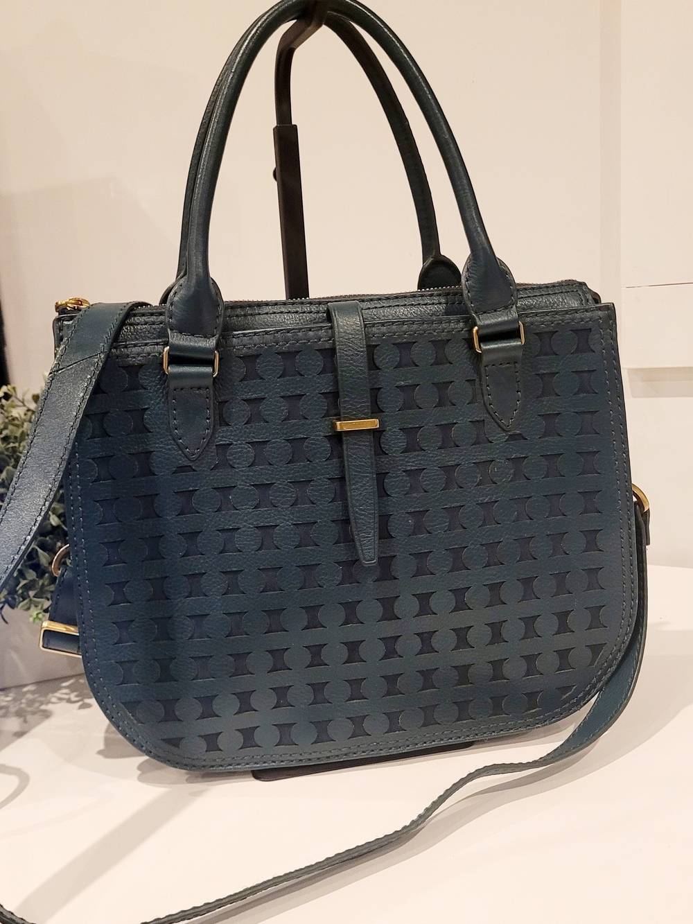 Fossil Ryder Teal Green Geometric Leather Shoulder Bag
